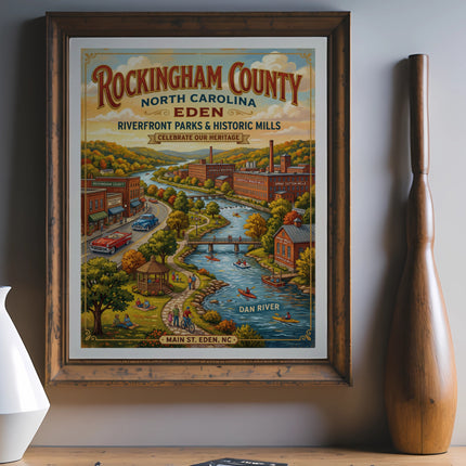 Rockingham County, NC Eden Riverfront featuring historic mills and the Dan River.