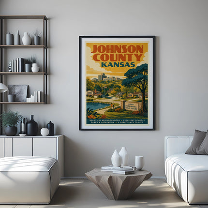 Johnson County Kansas poster with text about communities, schools, and parks.