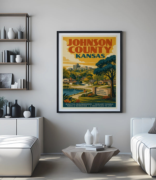 Johnson County Kansas poster with text about communities, schools, and parks.