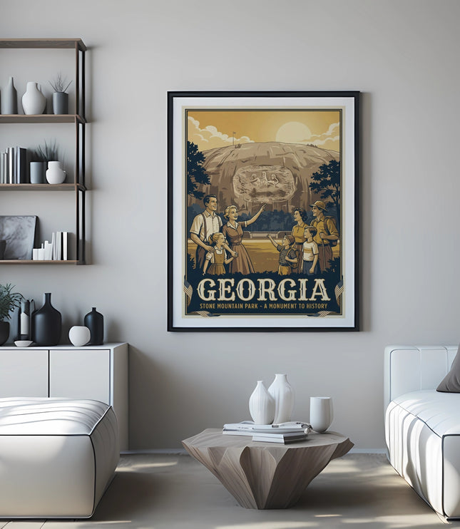 Georgia Stone Mountain Park travel poster showing a family by a carved mountain.
