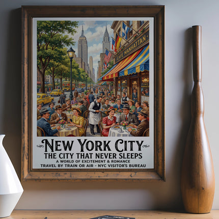 Vintage "New York City The City That Never Sleeps" travel poster with people dining outdoors.