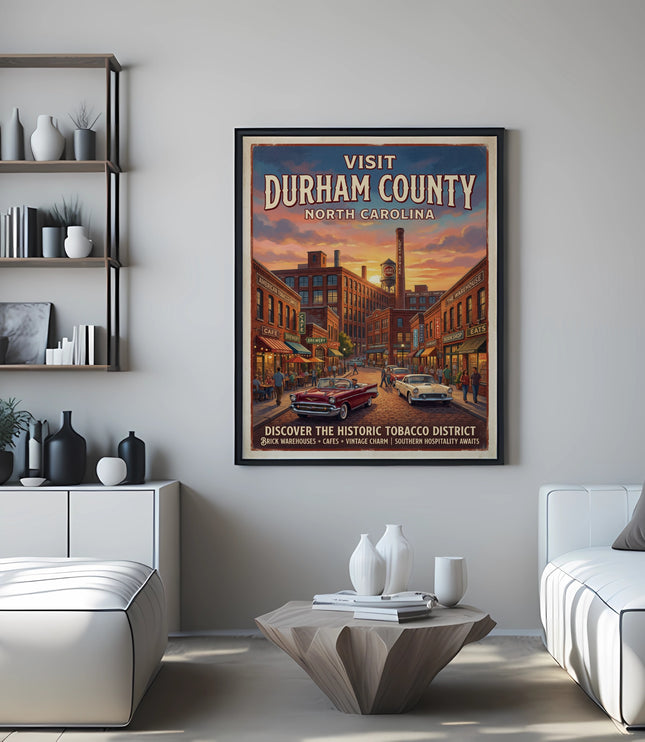 Vintage poster of Durham County, North Carolina, depicting a street scene.