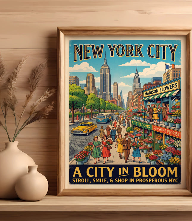New York City skyline with florists and people, titled "A City in Bloom."