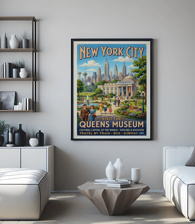 New York City Queens Museum vintage travel poster with skyline and people.