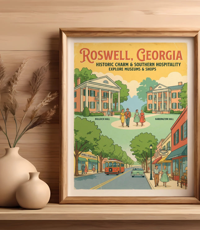 Roswell, Georgia poster with historic buildings, shops, trolley, and people.