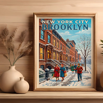 New York City Brooklyn winter street scene with people, framed artwork on shelf.