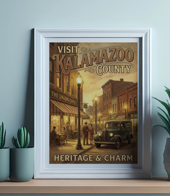 Vintage poster of Kalamazoo County with retro vehicles and people.