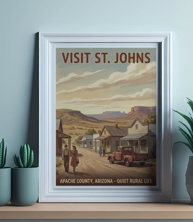 Retro travel poster for St. Johns, Arizona, depicting a rural town scene.