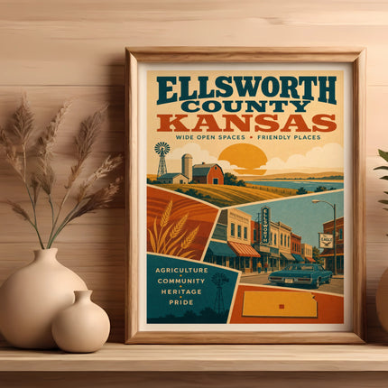 Ellsworth County, Kansas vintage travel poster with rural scenes and text.