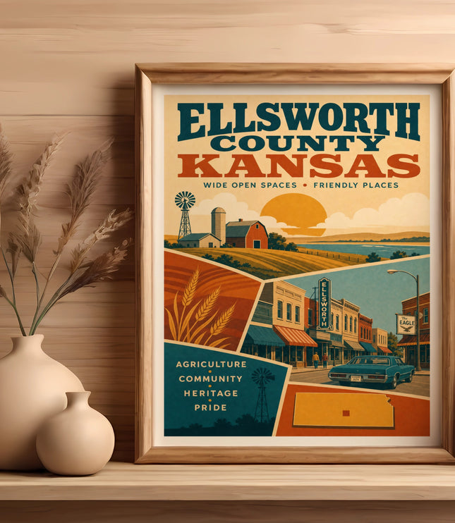 Ellsworth County, Kansas vintage travel poster with rural scenes and text.