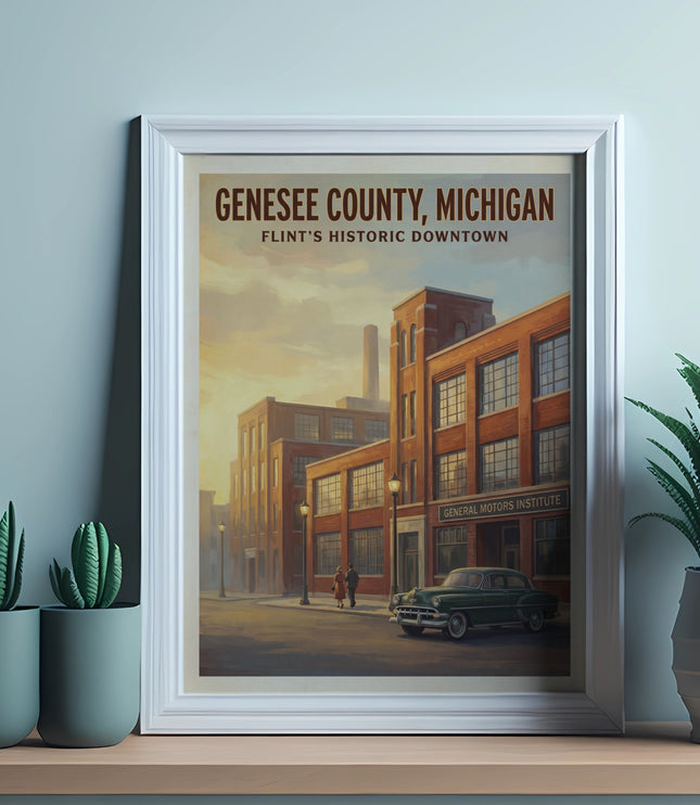 Genesee County, Michigan poster features historic downtown Flint buildings and a classic car.