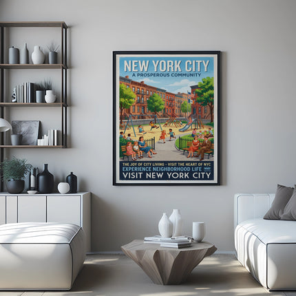 New York City poster depicting a vibrant neighborhood with text about city life.
