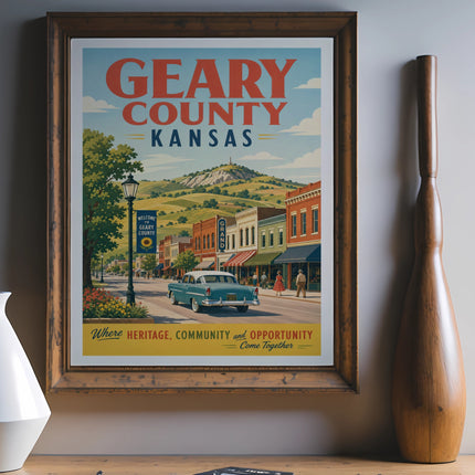 Geary County Kansas poster with vintage car and Main Street scene.