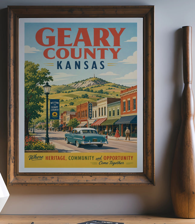 Geary County Kansas poster with vintage car and Main Street scene.
