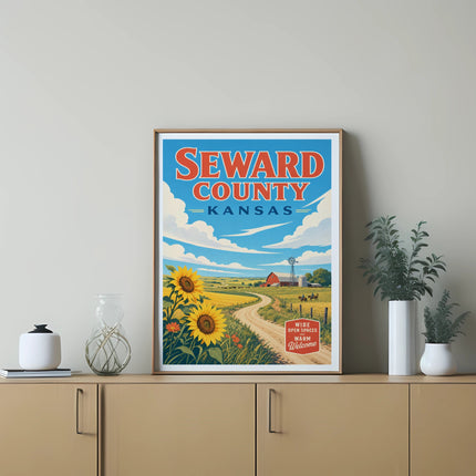 Seward County, Kansas vintage travel poster with farm scene.
