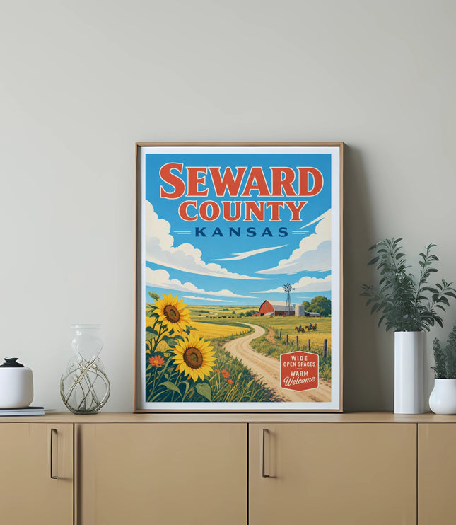 Seward County, Kansas vintage travel poster with farm scene.