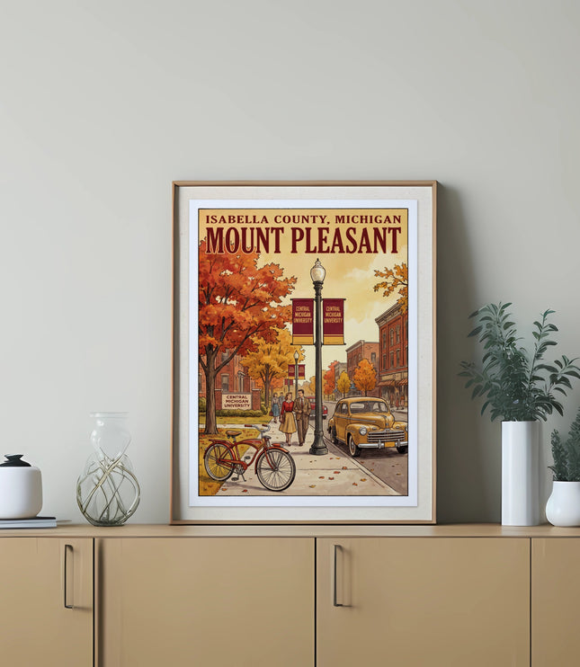 Vintage poster of Mount Pleasant, Michigan with fall foliage, vintage car, and Central Michigan University banners.