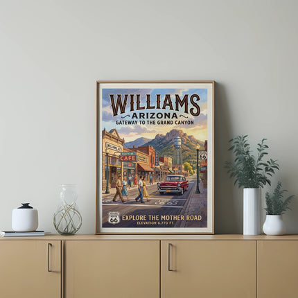 Poster of "Williams Arizona Gateway to the Grand Canyon" with Route 66 town scene.