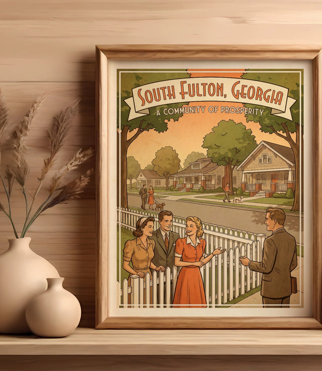 Artwork of South Fulton, Georgia with families in a vintage style.