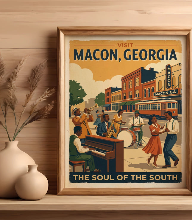 Visit Macon, Georgia jazz scene poster with "The Soul of the South" text.