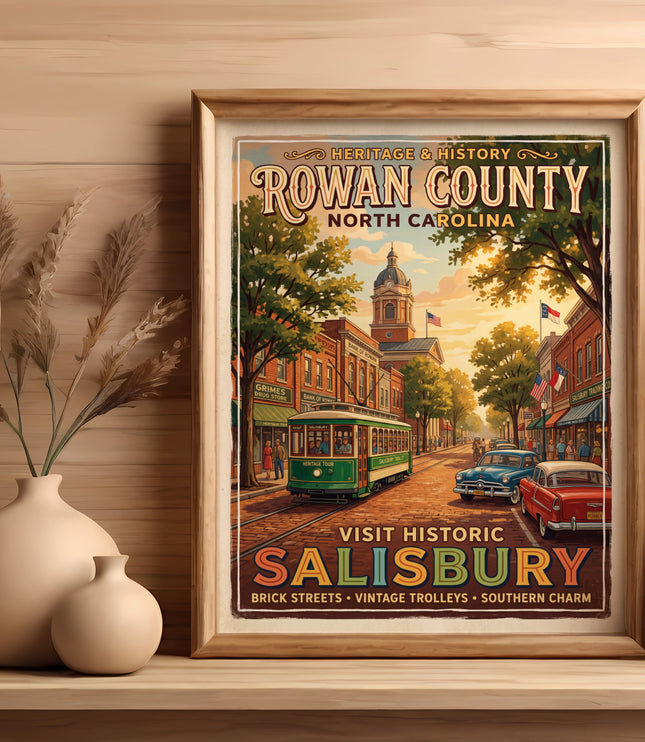 Vintage travel poster of Rowan County North Carolina featuring a trolley and cars.