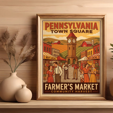 Pennsylvania Town Square Farmer's Market community harvest poster with people.