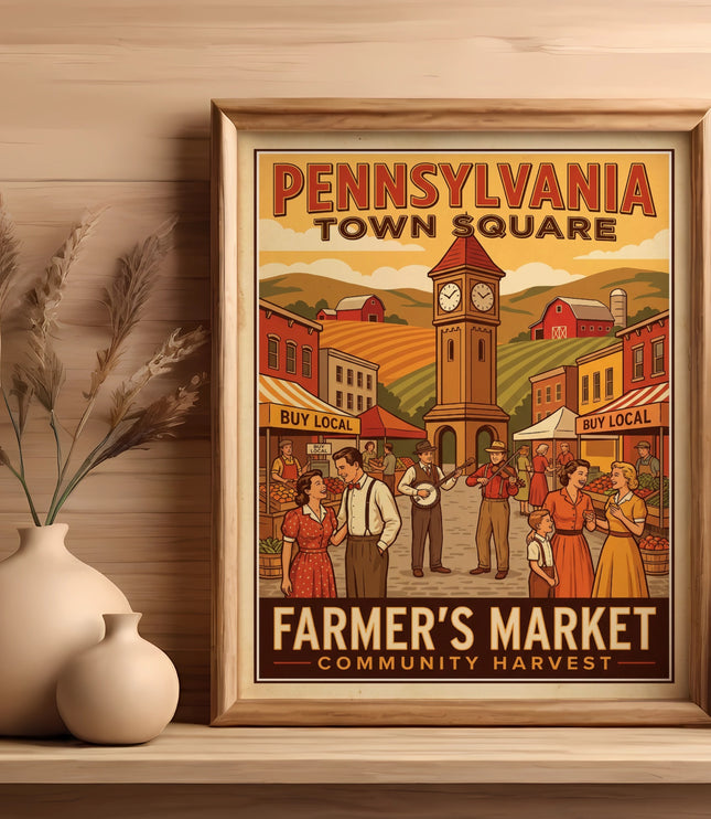 Pennsylvania Town Square Farmer's Market community harvest poster with people.