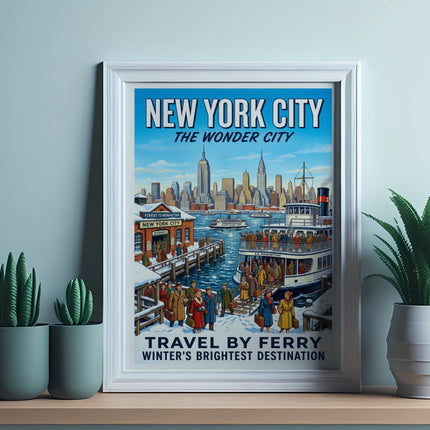 Vintage New York City ferry poster with skyline, people, and text.