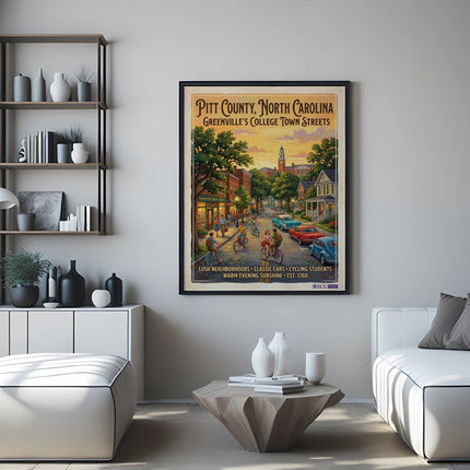 Pitt County, North Carolina print depicts Greenville's College Town Streets.