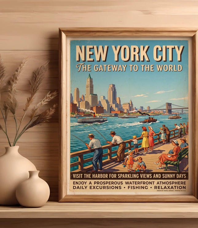 New York City vintage travel poster with skyline, harbor, and people fishing.