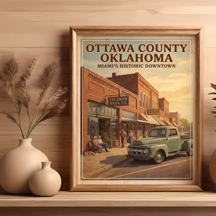 Retro poster of Ottawa County, Oklahoma, Miami's historic downtown featuring Coleman Drug Co.