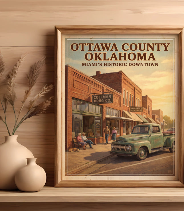 Retro poster of Ottawa County, Oklahoma, Miami's historic downtown featuring Coleman Drug Co.