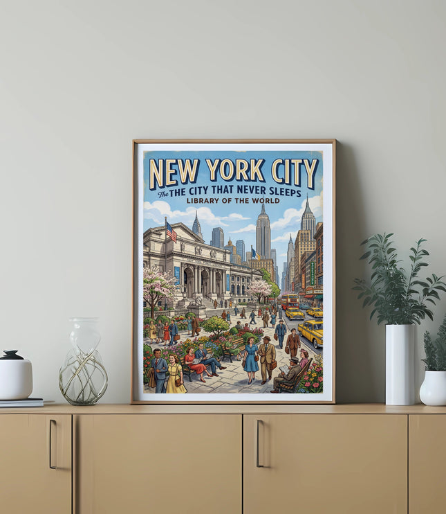 New York City poster showing Library of the World and cityscape with yellow taxis.