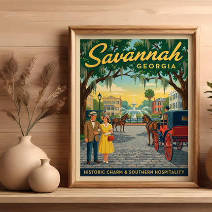 Retro Savannah, Georgia travel poster with couple and horse-drawn carriage.