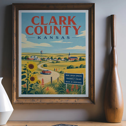 Clark County Kansas poster with sunflowers, a church, and a red car.