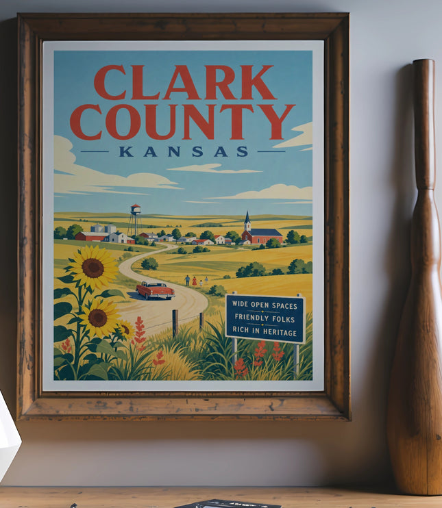 Clark County Kansas poster with sunflowers, a church, and a red car.