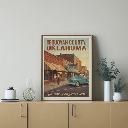 Sequoyah County, Oklahoma poster with a couple and vintage truck on Sallisaw Main Street.