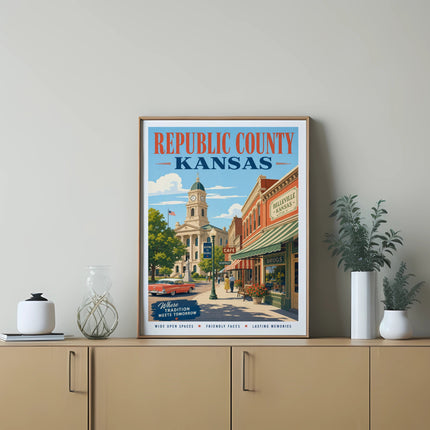 Illustration of Belleville, Kansas main street with "Republic County, Kansas" text.
