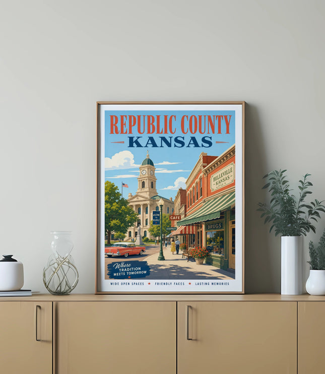 Illustration of Belleville, Kansas main street with "Republic County, Kansas" text.