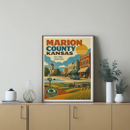 Marion County, Kansas poster with windmill, farmland, and small town buildings.