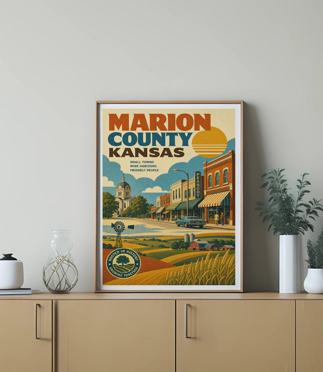 Marion County, Kansas poster with windmill, farmland, and small town buildings.