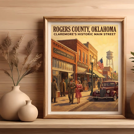 Poster of Rogers County, Oklahoma historic main street with shops and vintage car.