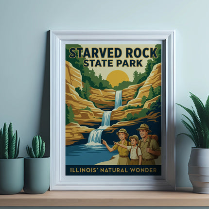 Vintage illustration of Starved Rock State Park with a family and waterfall.