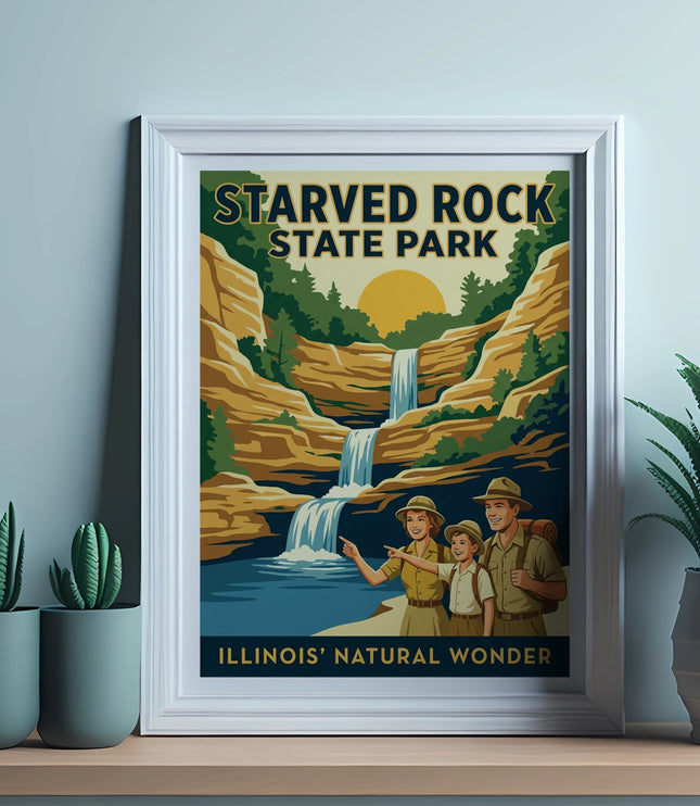 Vintage illustration of Starved Rock State Park with a family and waterfall.