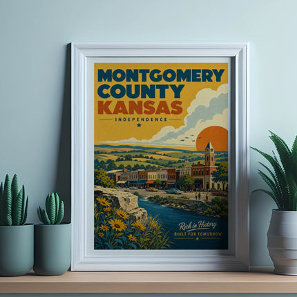 Framed art print of Montgomery County, Kansas, with a sunset over a town and river.
