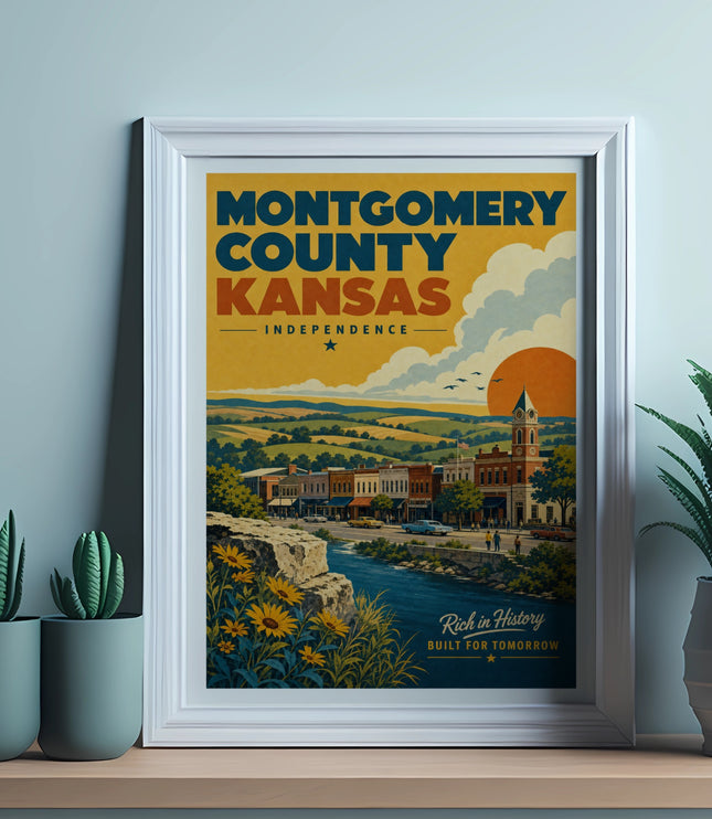 Framed art print of Montgomery County, Kansas, with a sunset over a town and river.