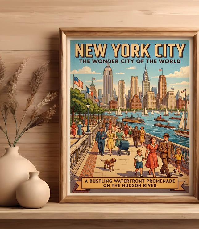 New York City poster featuring skyline, promenade, people, and text.