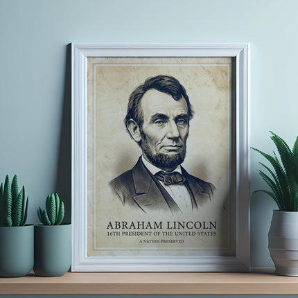 Portrait of Abraham Lincoln in a framed print, with plants.