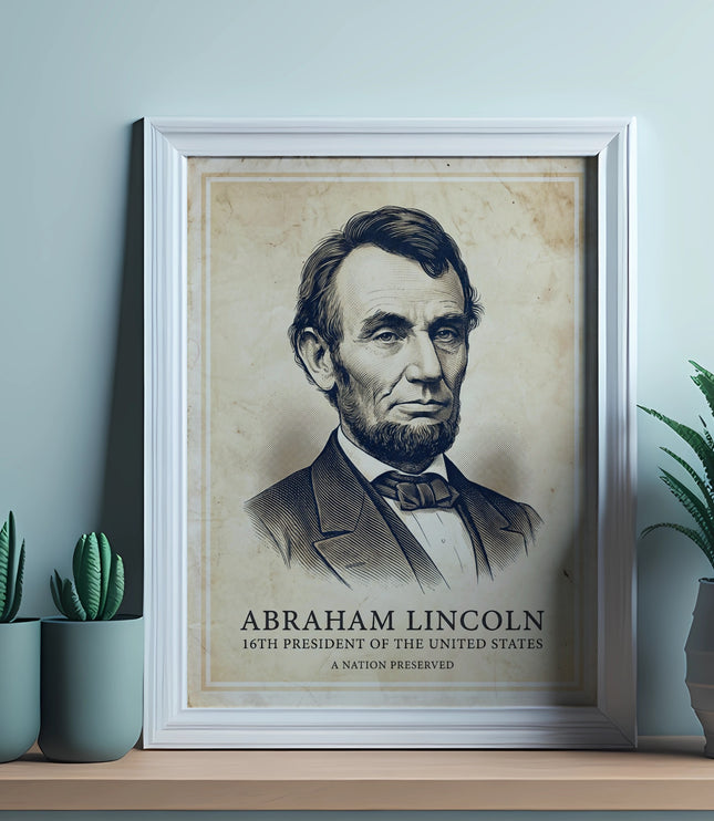 Portrait of Abraham Lincoln in a framed print, with plants.