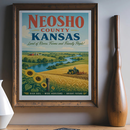 Neosho County Kansas poster with sunflowers, river, and farmland.